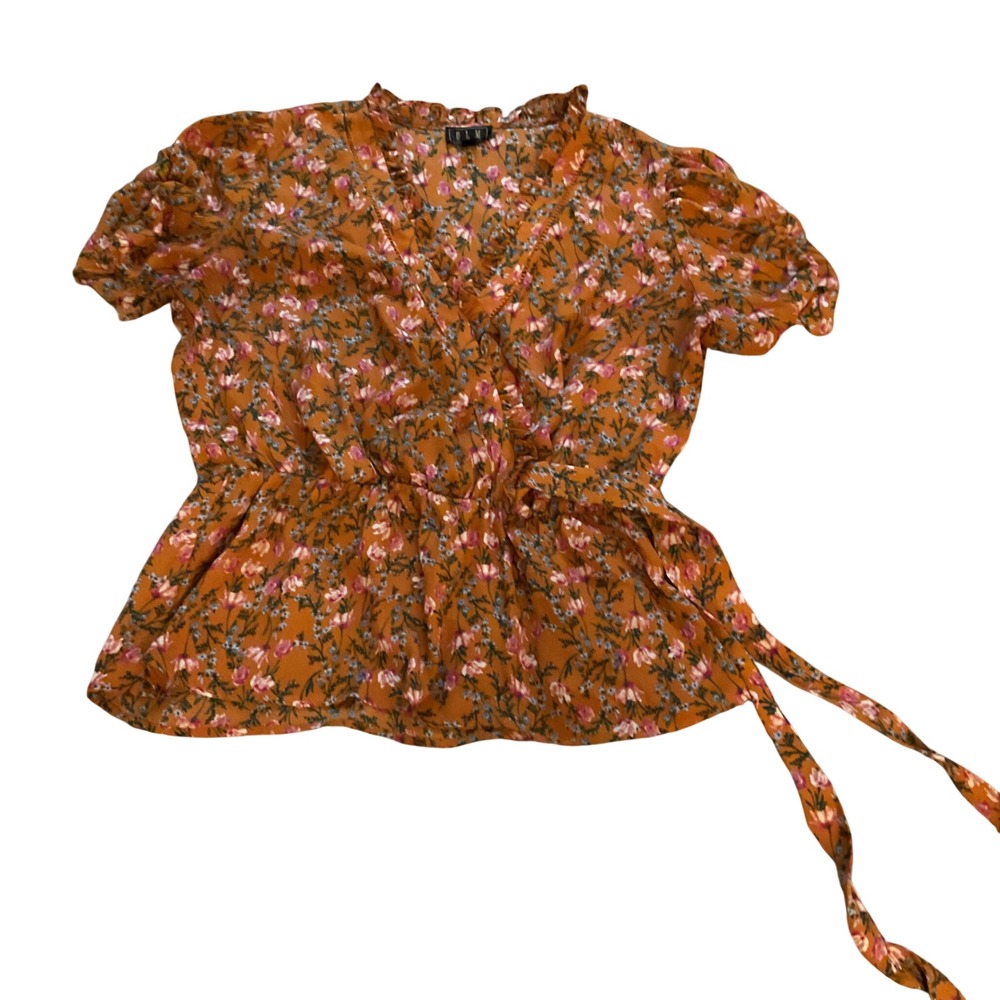 OLM Mustard Orange Floral Peplum Wrap Top Ruffle Neck Short Sleeve Large